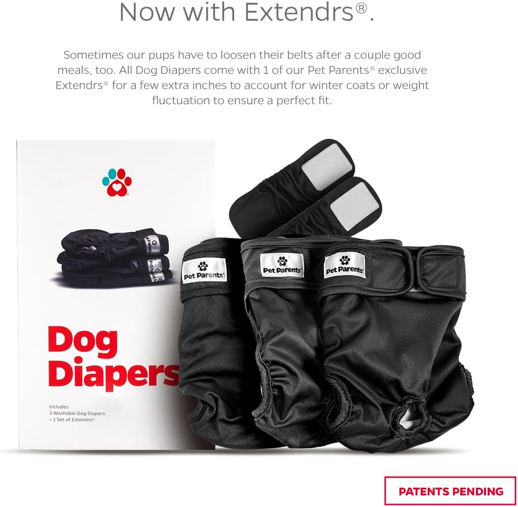 Pet Parents® Washable Dog Diapers (3pack) + Extendrs® of Durable Doggie Diapers, Premium Dog Diapers Female & Male (Medium, Black) Black Medium (14-20)