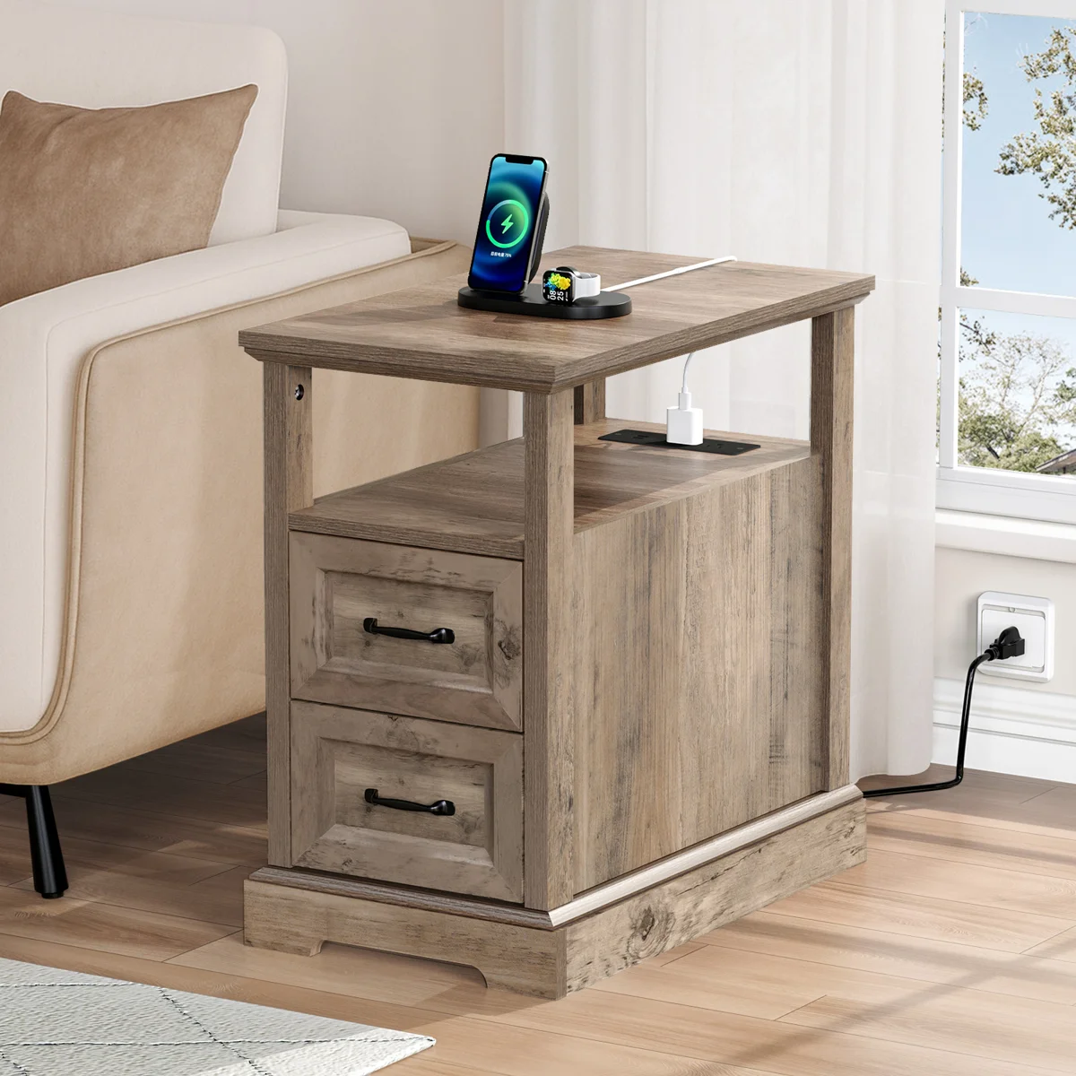 Kadric 2-Drawer Farmhouse End Table With Built-In Outlets