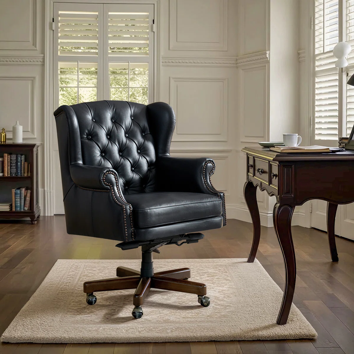 Heeg Genuine Leather Swivel And Rocking Office Chair With Solid Wood Base