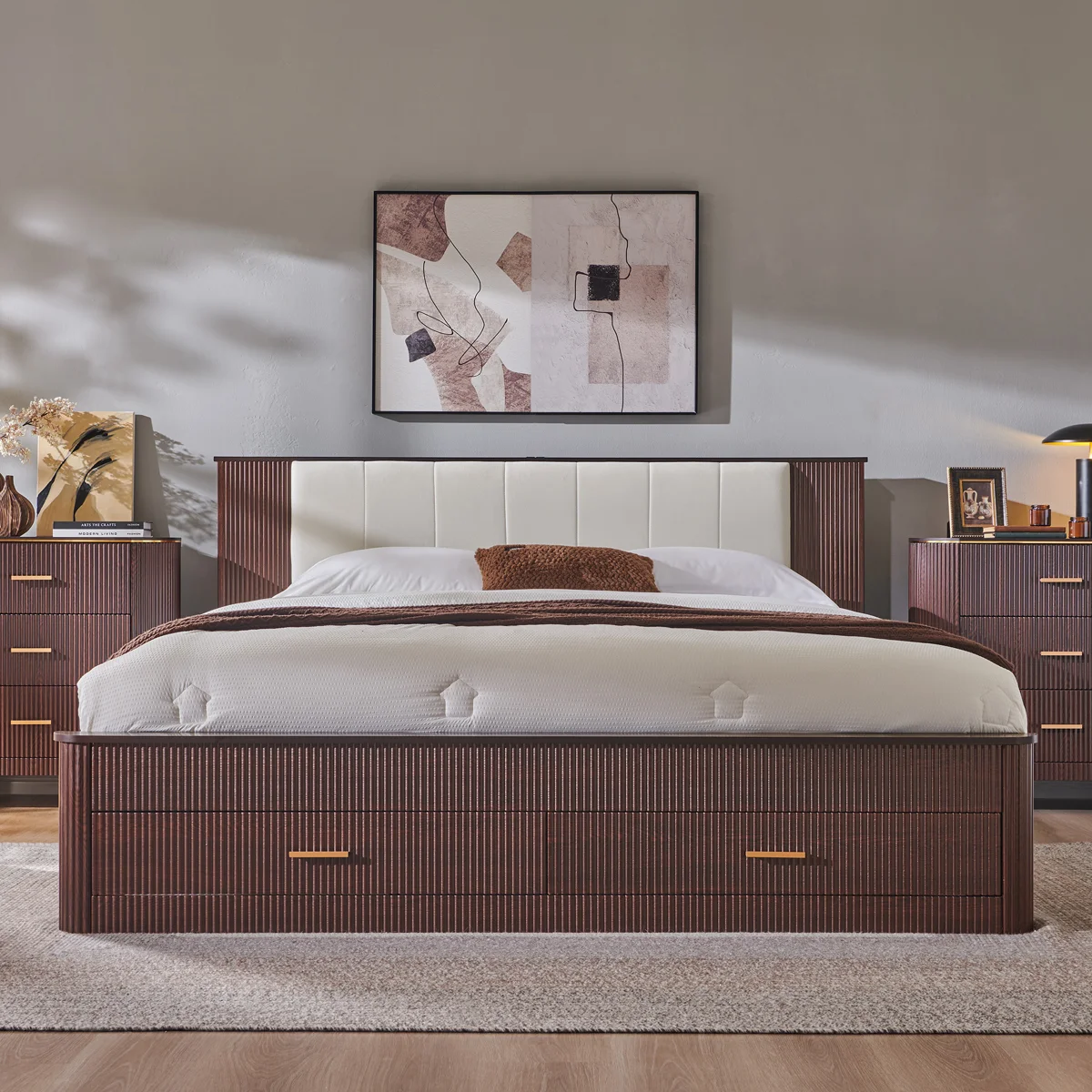 Modern Platform Bed Frame With Storage Drawers & Charging Station, Upholstered Headboard With Usb Ports & Outlets, Sturdy Wood Slat Support, No Box Spring Needed, Easy Assembly