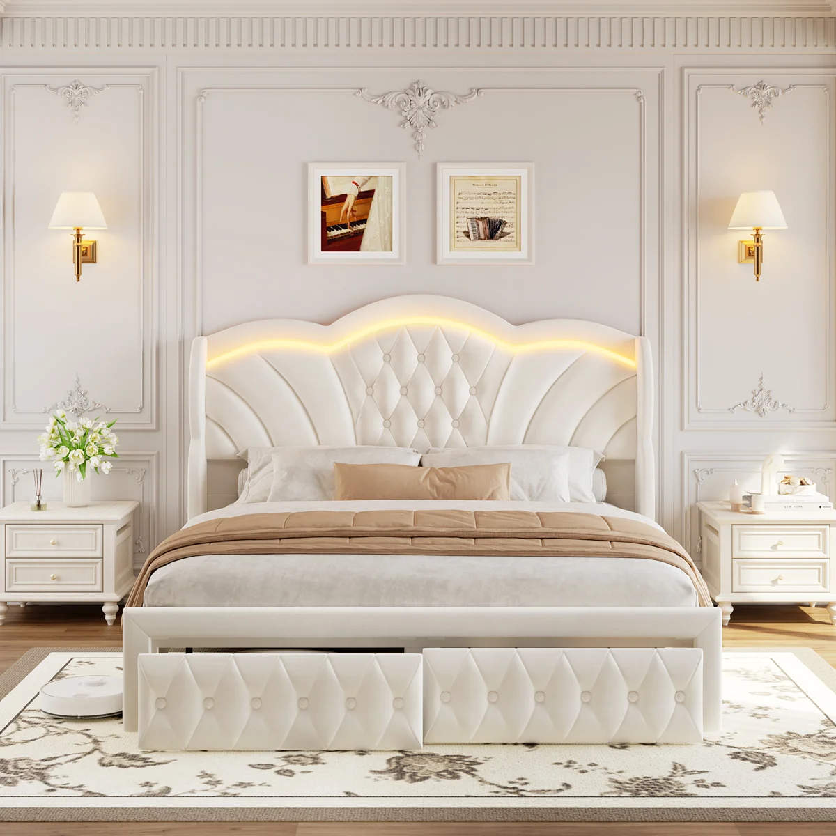 Mouad Velvet Upholstered Bed with Storage and LED Lights
