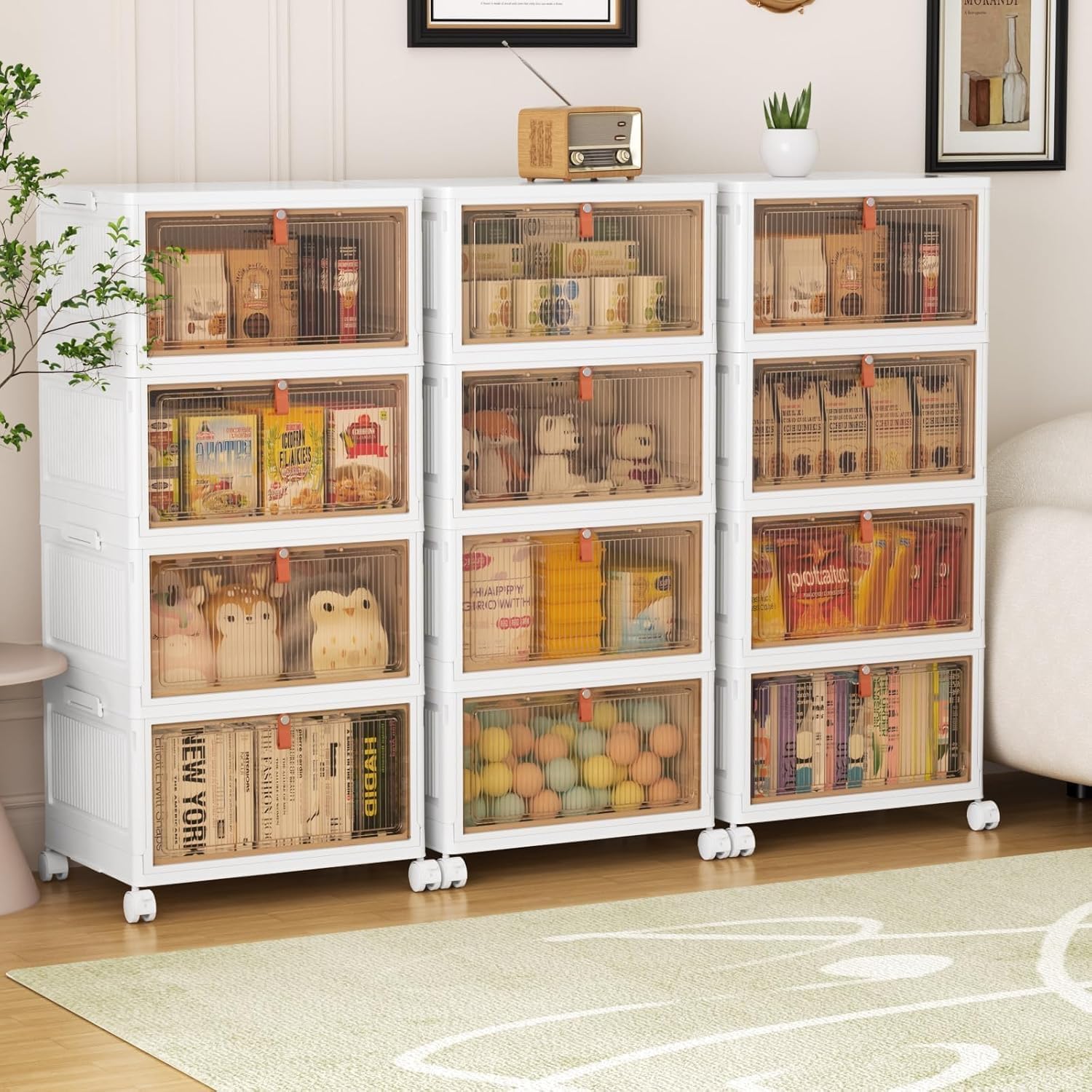 4 Tier Plastic Storage Bins with Lid 28QT - Stackable Storage Containers with Wheels, Folding Storage Boxes, Collapsible Storage Bins, Organizers and Storage White 4-Tier 28QT