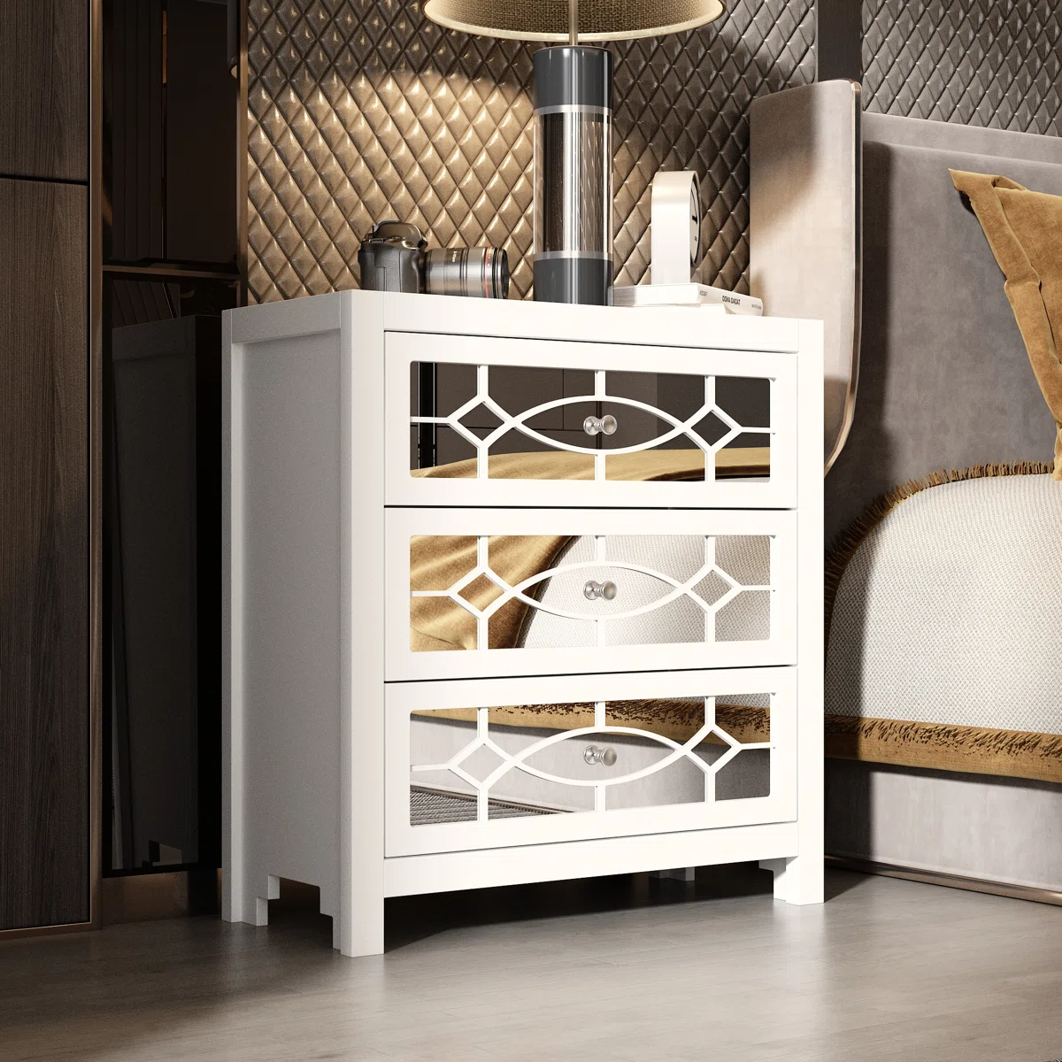 Eastan 3 Drawers Mirrored Nightstand End Tables Bedside Table, Mirrored Accent Table