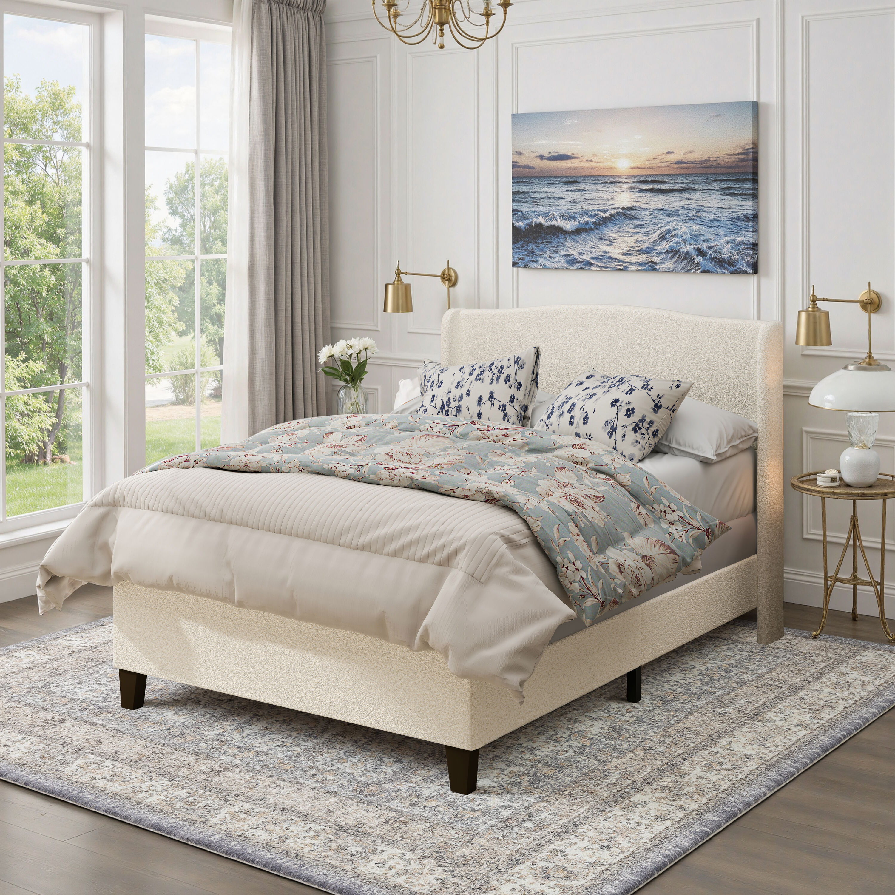 Queen Upholstered Bed (Footboard & Rails) - White