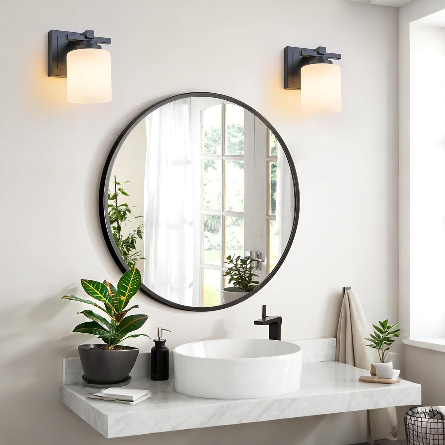1 Light Modern Bathroom Light Fixtures Over Mirror, Black Vanity Lights for Bathroom Wall Sconces with Milky White Glass Shades, E26 Socket (Bulbs Not Included) Black - Milky White Glass Shades 1-Light