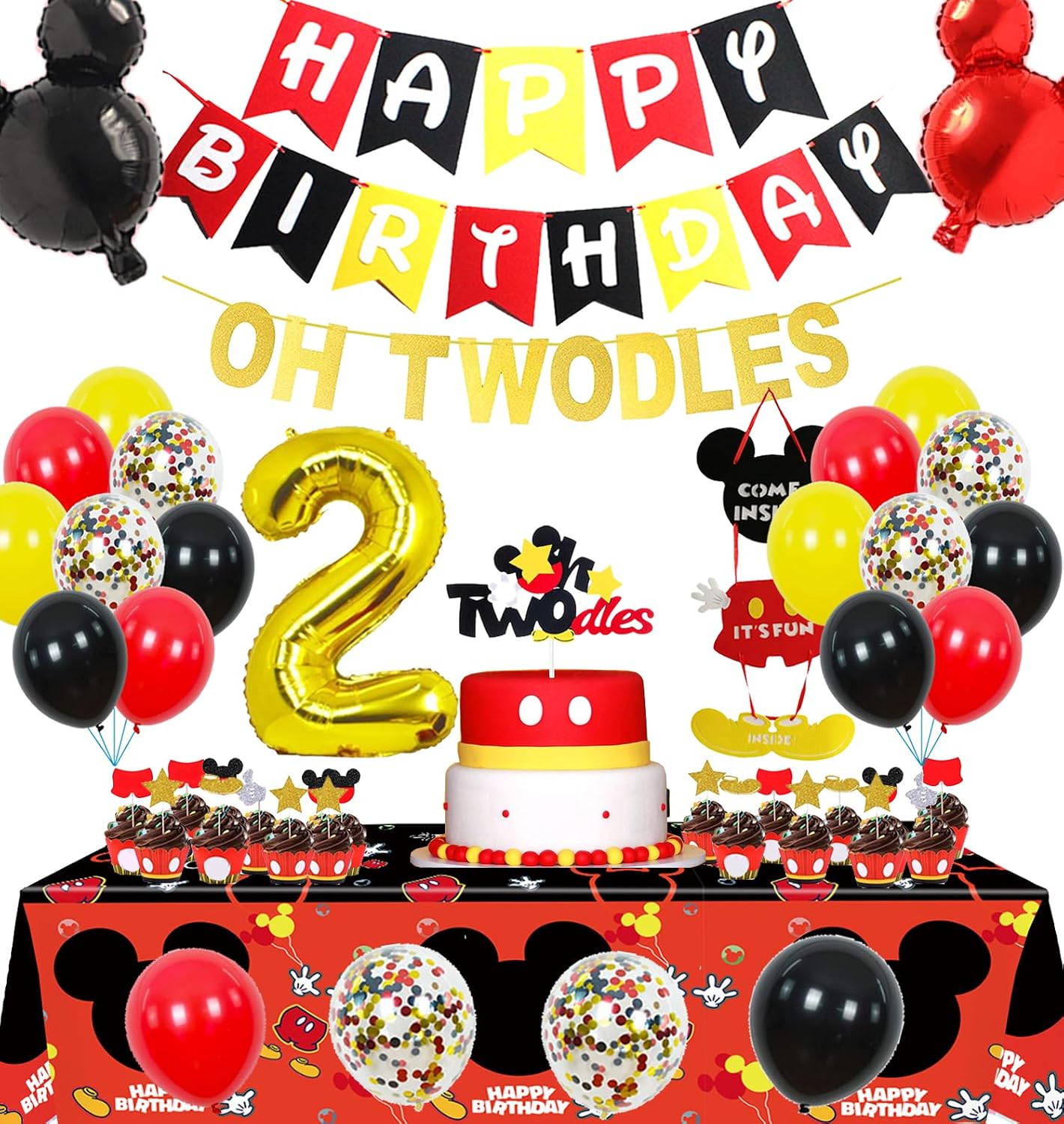 Mickey Mouse Themed 2nd Birthday Party Decoration Banner and Cake Toppers Set