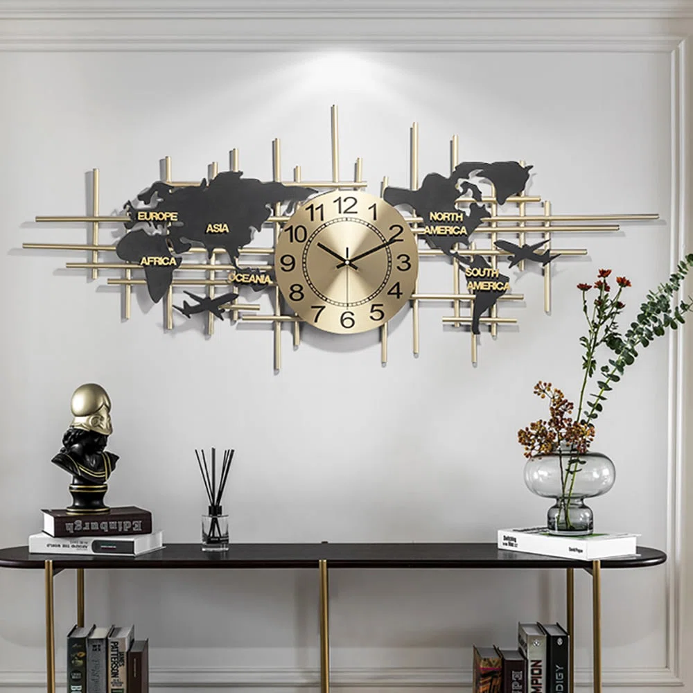 38" Modern Metal Large Map Wall Clock Decor Creative Silent Clocks Art For Living Room