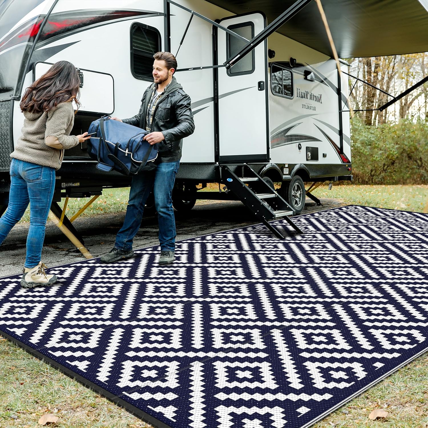 GENIMO Outdoor Rug for Patio Clearance, 9'x18' Waterproof Camping Mat, Reversible Plastic Straw Rugs for RV, Camper, Balcony, Backyard, Picnic, Deck (Navy Blue & White) Navy Blue&white 9'x18'