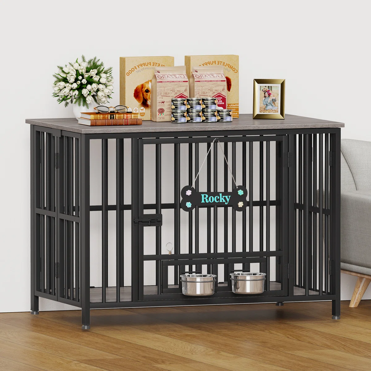 Large Foldable Dog Crate Furniture, Assembly-Free Dog Crate With Adjustable Bowls And Name Tag For Small, Medium, Large Dog