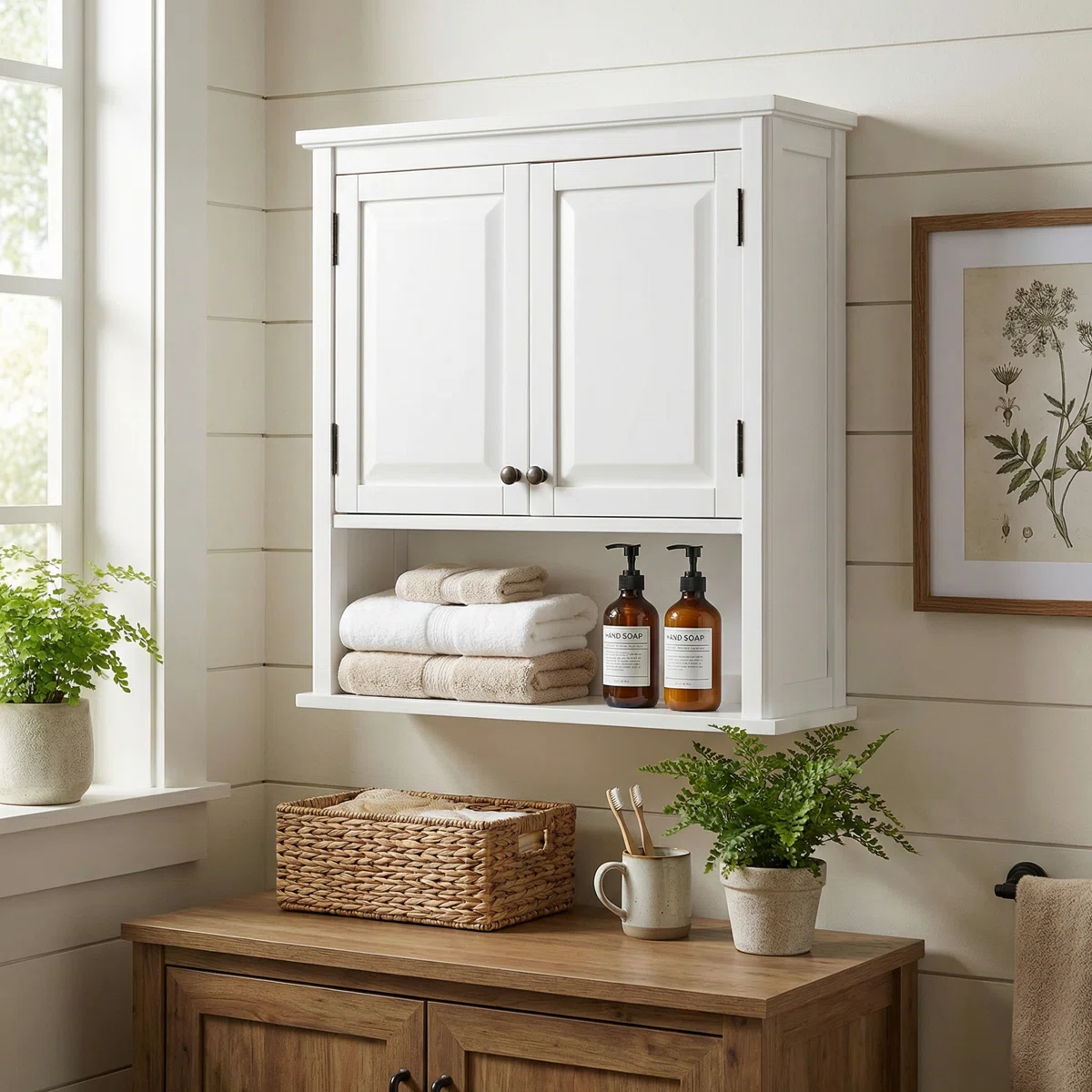 Dorset 27"W x 29"H Wall Mounted Bath Storage Cabinet with Two Doors and Open Shelf