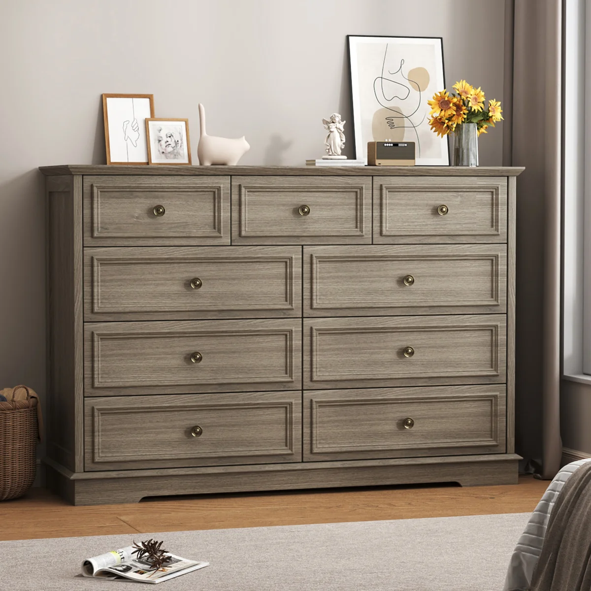 Valera 9-Drawer Dresser, Vintage Wide Storage Chest With Antique Bronze Handles