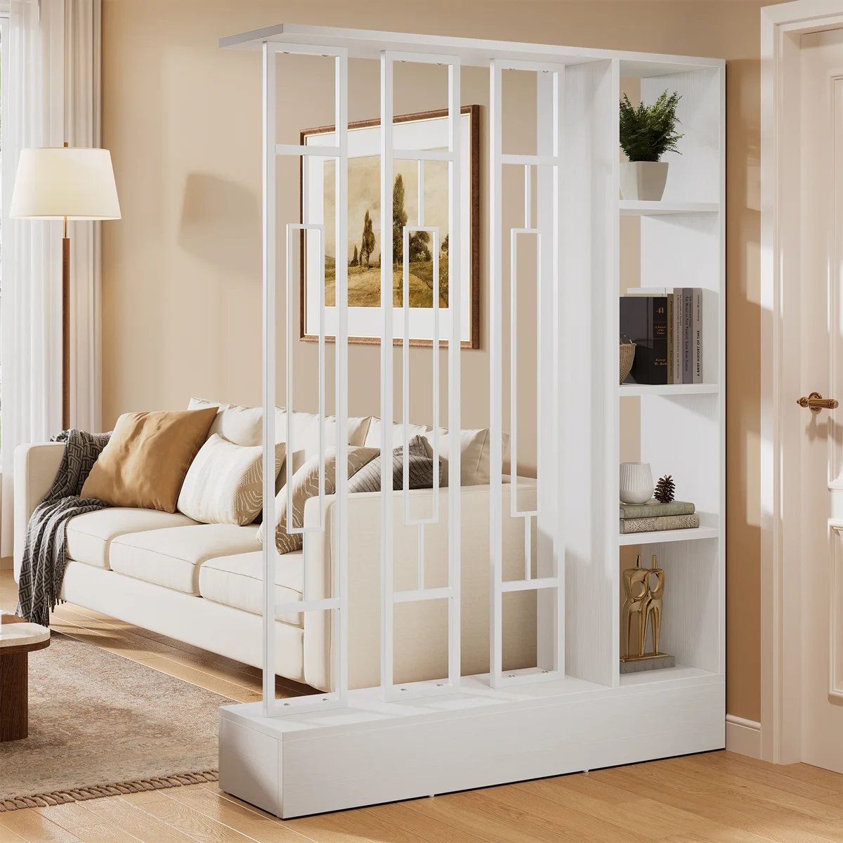 70.9" Wall Room Divider With Display Shelves, Modern Freestanding Room Divider Screen With Sturdy Base, Wall Partition For Home & Office