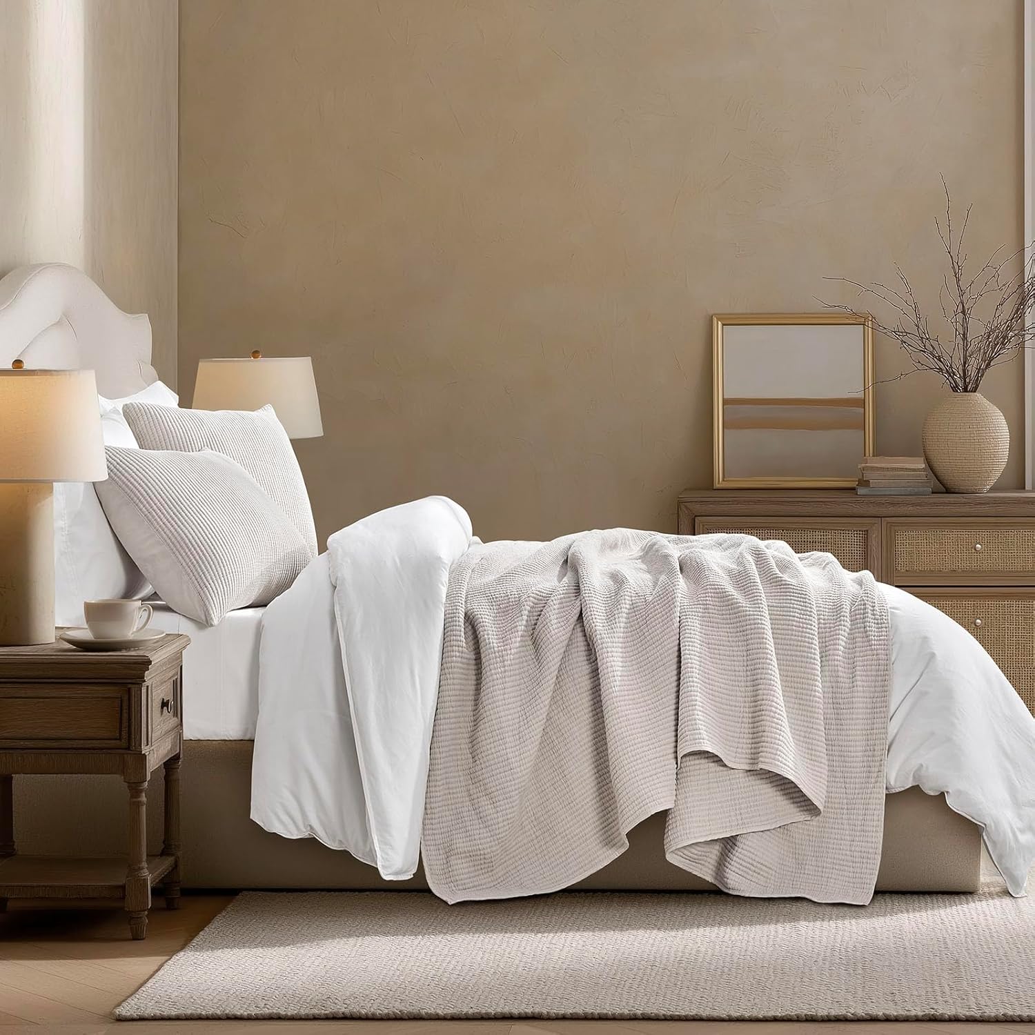EVERGRACEHOME Cotton Coverlet Set Full Queen Size 3 Pieces, Lightweight Soft Ribbed Matelassé Bedspread Quilt Set, Cozy Oversized Quilted Bedding Set with 2 Pillow Shams for All Seasons, Birch | Ribbed Matelassé, Cotton Shell, Soft, Lightweight, Oversized, Oeko-Tex Certified Full/Queen (92 x 98) Birch