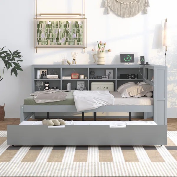incomplete Emareon Wooden Space Saver Daybed with Trundle, USB Charger and 2 Storage Shelf