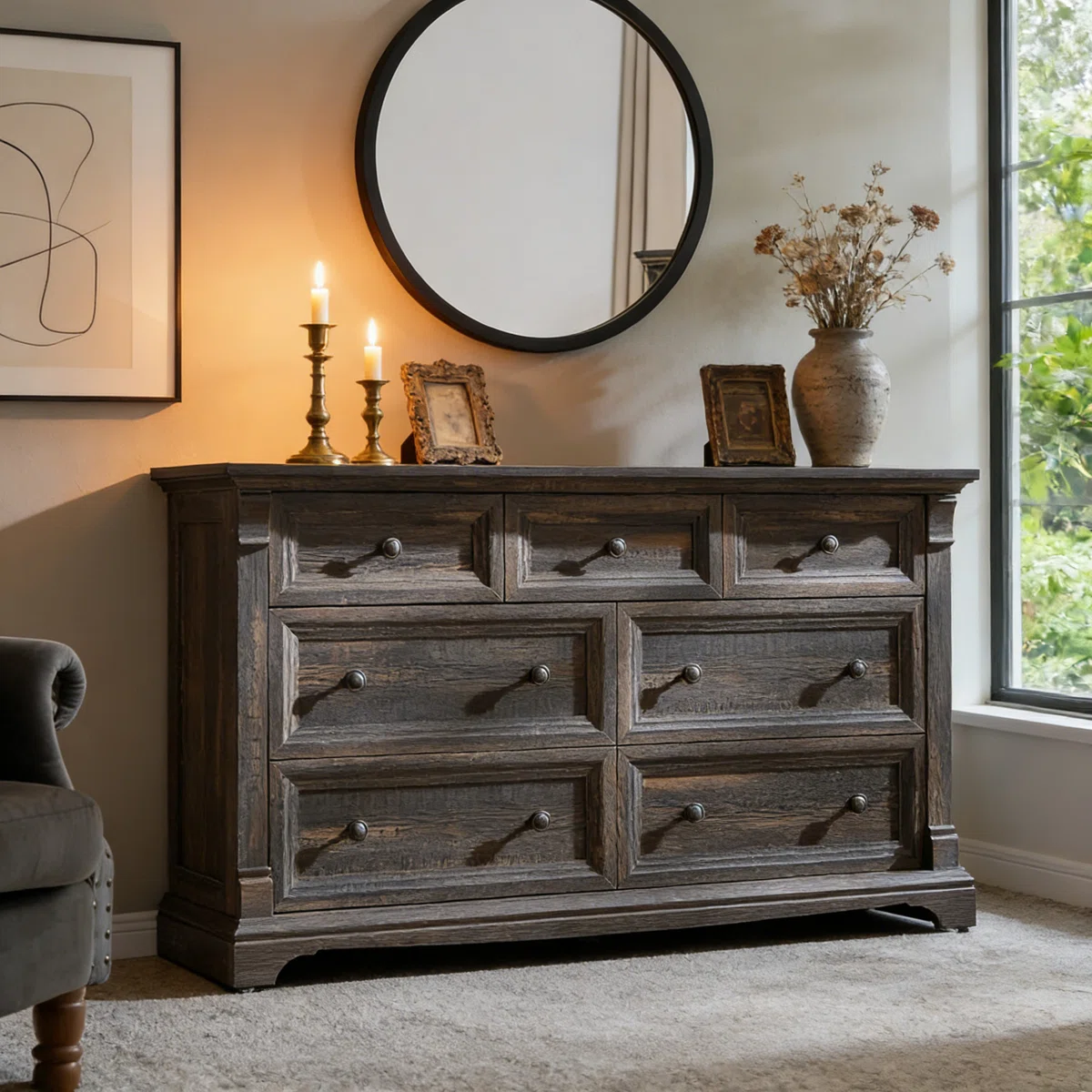 54" Vintage 7 Drawer Dresser with Roman Column Trim, Multi-Purpose Storage Chest & TV Stand box 2 of 2