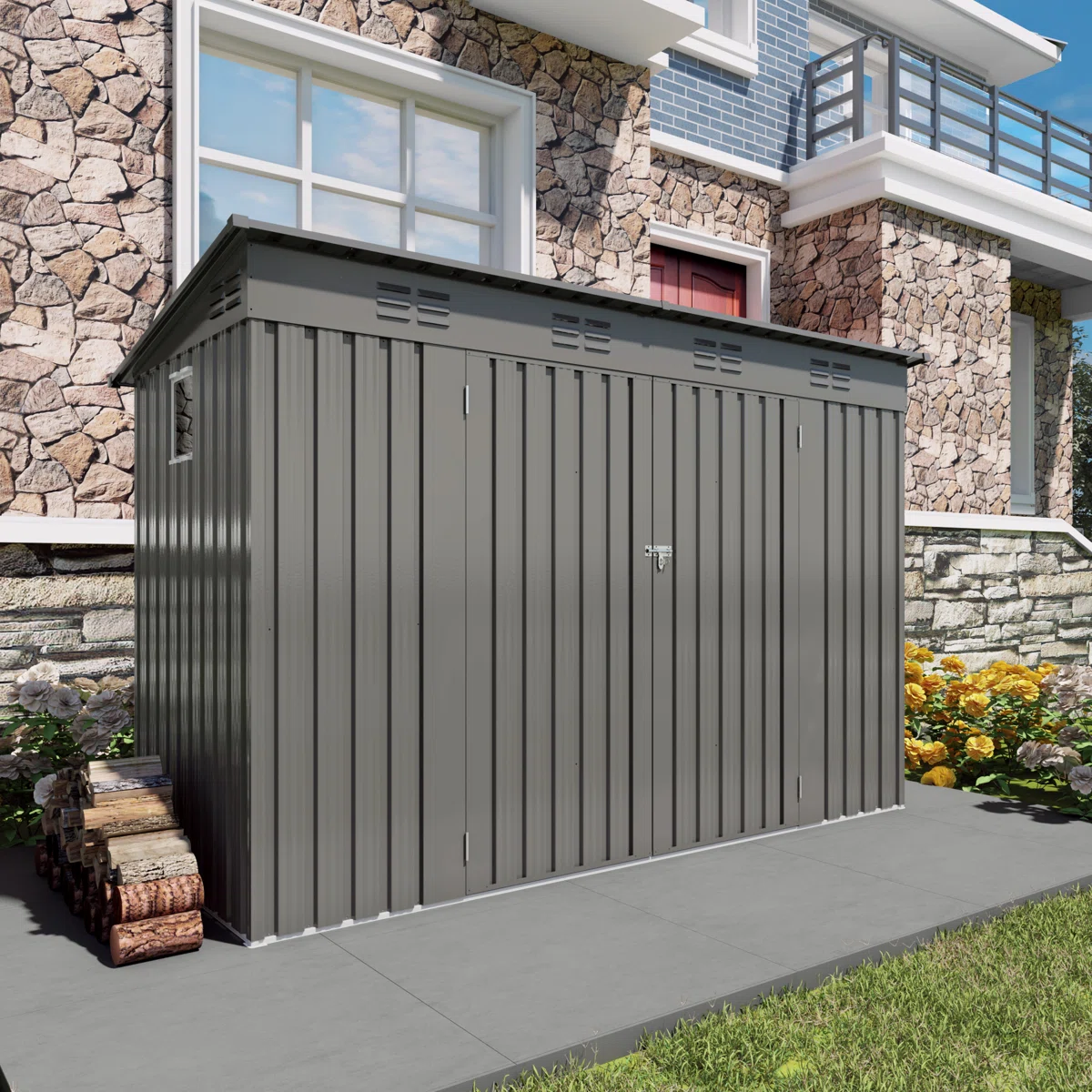 4 X 9 FT Outdoor Storage Shed, Metal Garden Shed Tool House With Sloping Roof