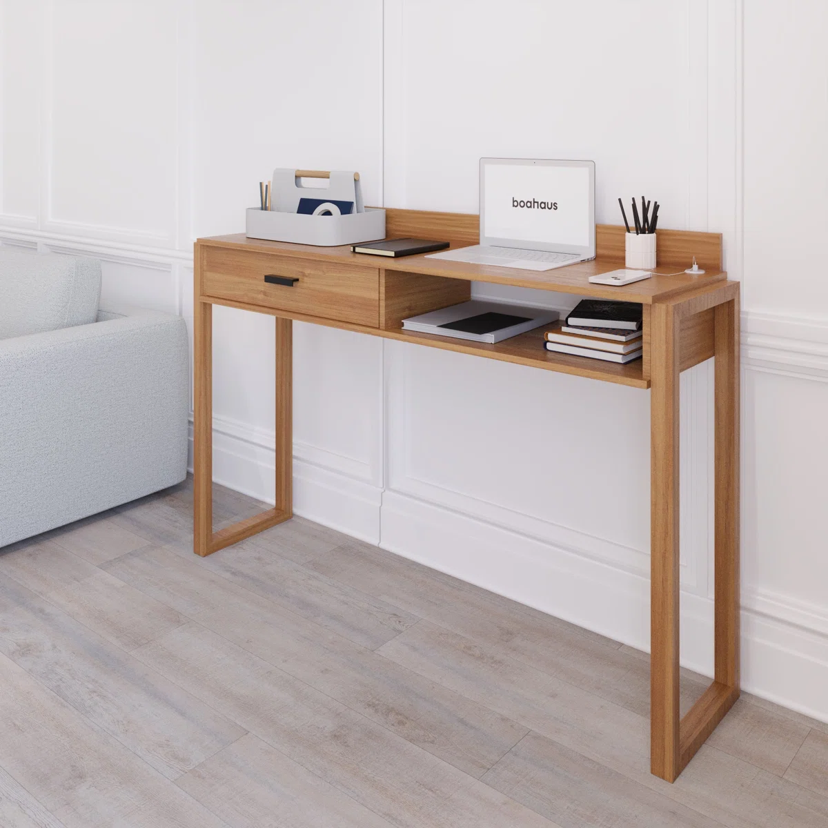 Boahaus Tokyo Computer Desk With Charging Station, Drawer & Shelf – Modern Scandinavian Style