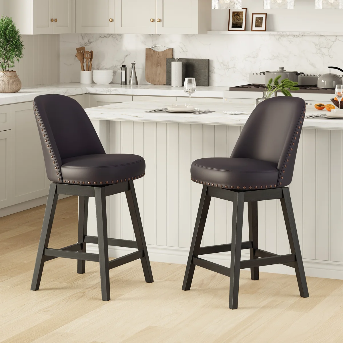 Vintage Upholstered Swivel Bar Stool with Solid Wood Legs