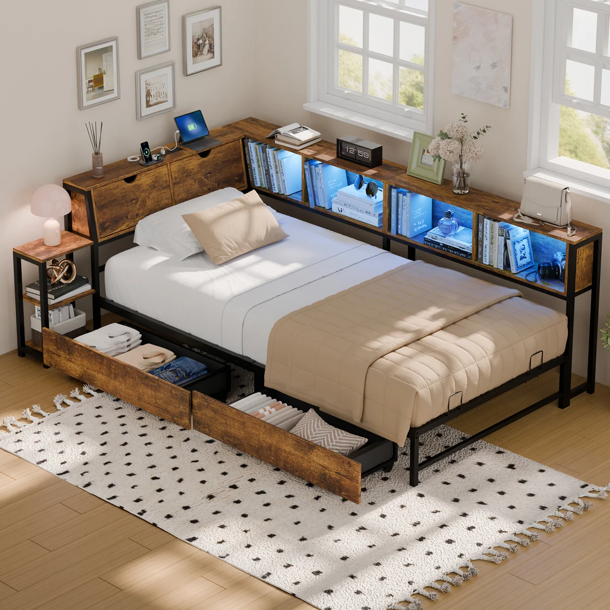 Corner Bed Frame With Drawers, Bookcase & Bedside Rack, Twin Daybed With Led Lights And Charging Station