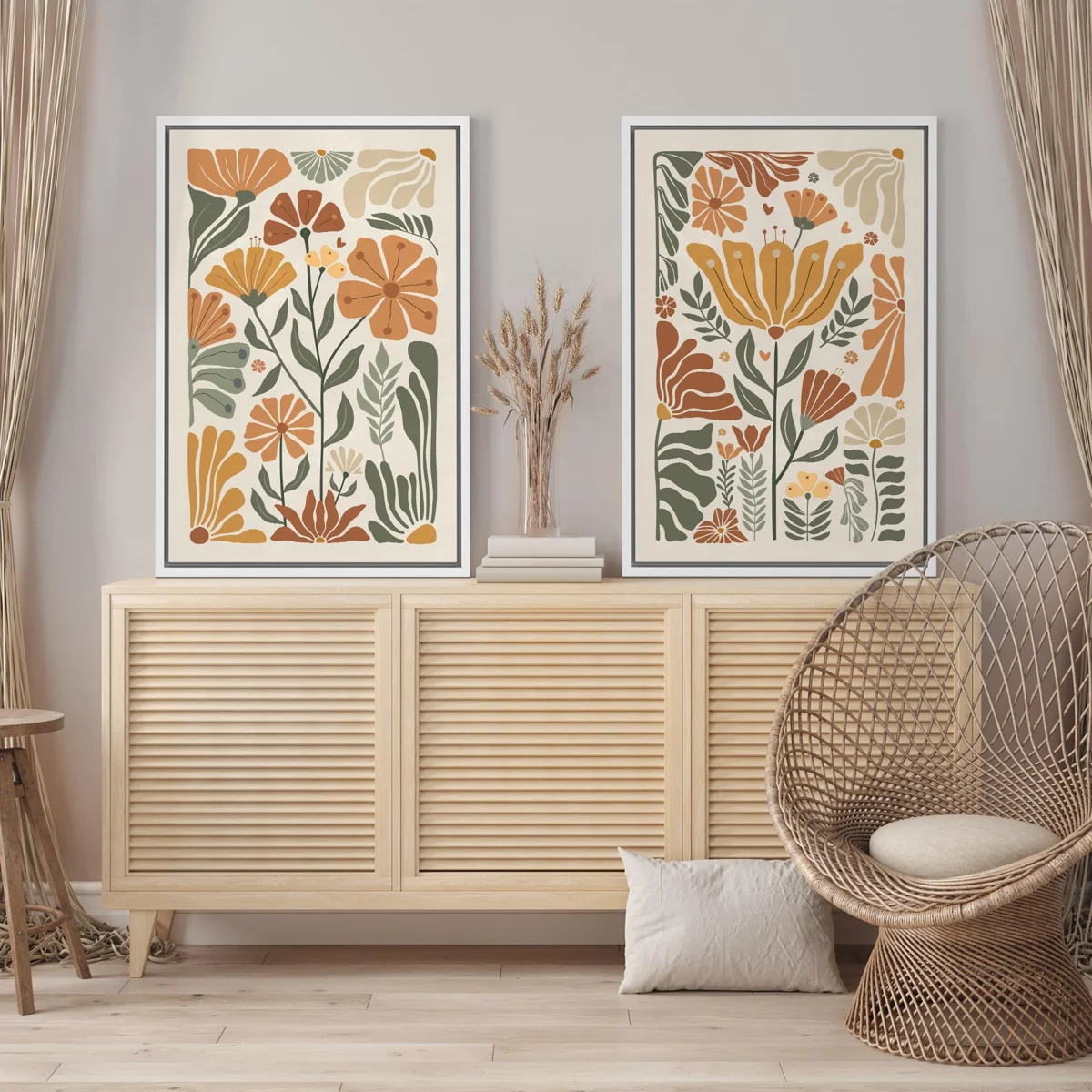 Vintage Flower In Pastel Modern Art Wall Decor Artwork Nordic Nature 2 Pieces