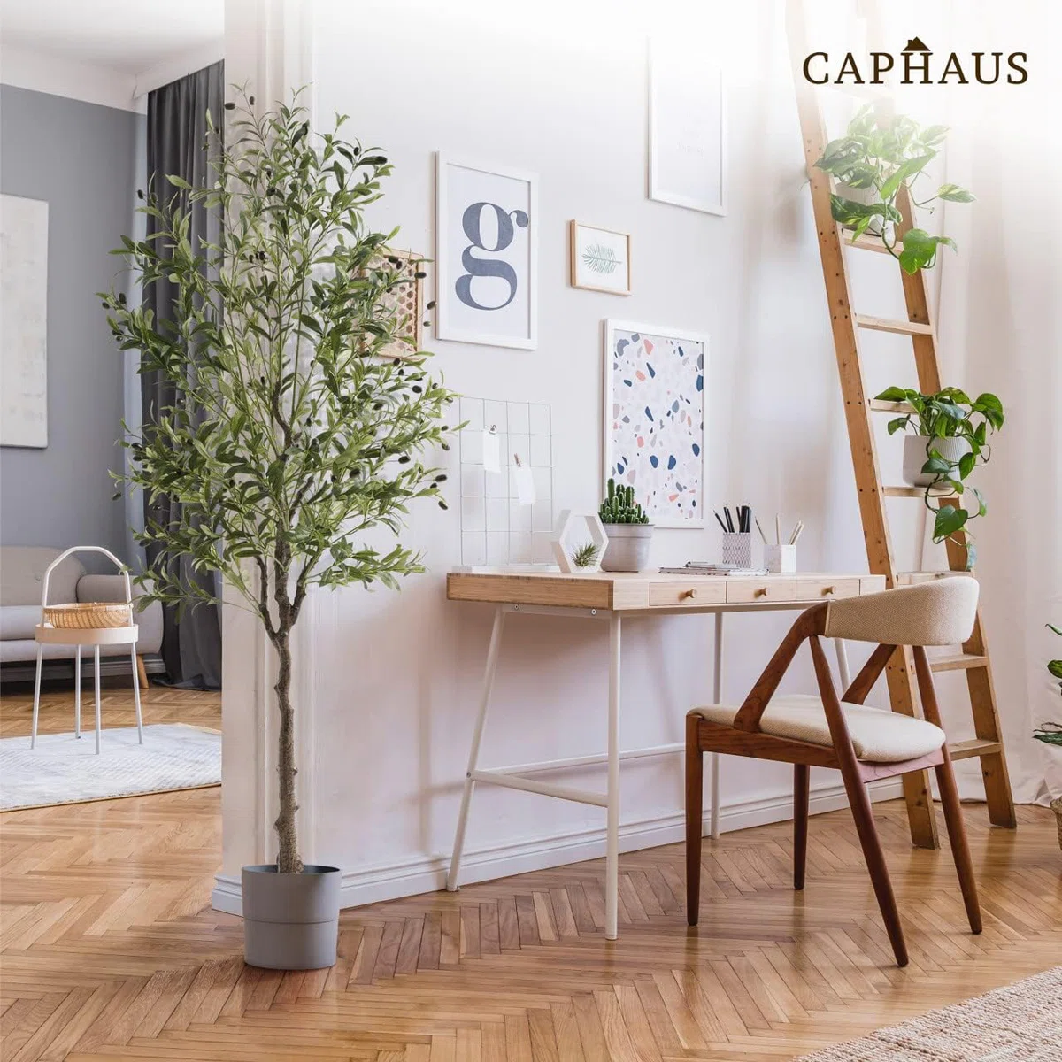 (Pot damaged)CAPHAUS Artificial Olive Tree with Fruit, Fake Potted Topiary Tree with Dried Moss, 5 / 6 / 7 Feet
