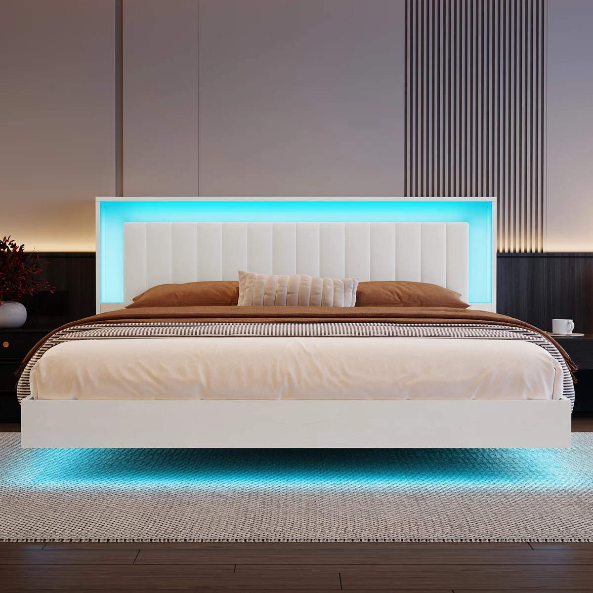 Modern Led Pseudo-Floating Bed, Open Platform Velvet Upholstered Bed