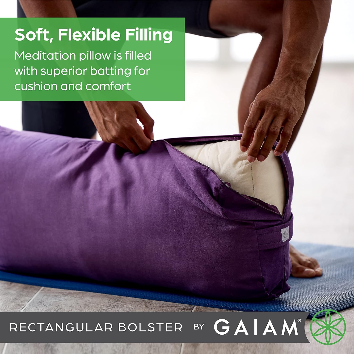 Gaiam Round Yoga Bolster Pillow, Soft Meditation Cushion for Yoga, Massage and Back Support, Breathable Cotton Fill, Zippered Microfiber Cover, Easy-Carry Handle, Machine Washable Black