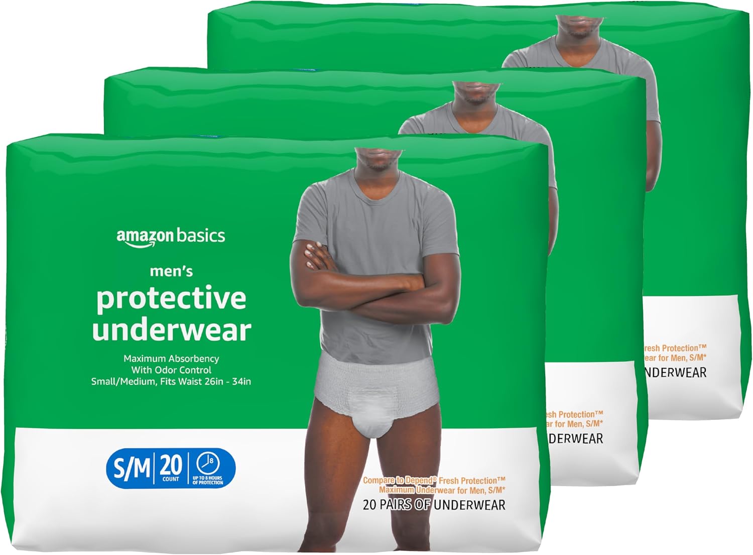 Amazon Basics Men's Protective Underwear, Small/Medium (26-34in Waist)