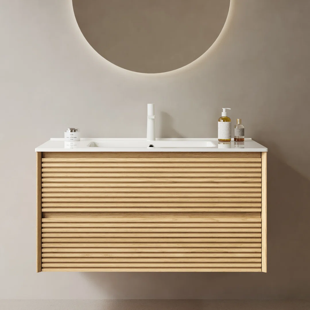 36" Nature Solid Wood Bathroom Vanity with Sink, Modern Wall-Mounted Floating Plywood Bathroom Cabinet, White Ceramic Basin, Pre-assembled, Natural Light Oak