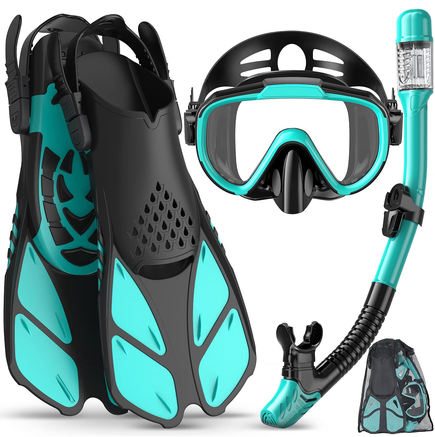Snorkeling Gear for Adults Men Women,4 in 1 Snorkel Set with Panoramic View Diving Mask Anti-Fog Anti-Leak,Dry Top Snorkel,Fins and Travel Bag for Swimming,Snorkeling and Travel Diving