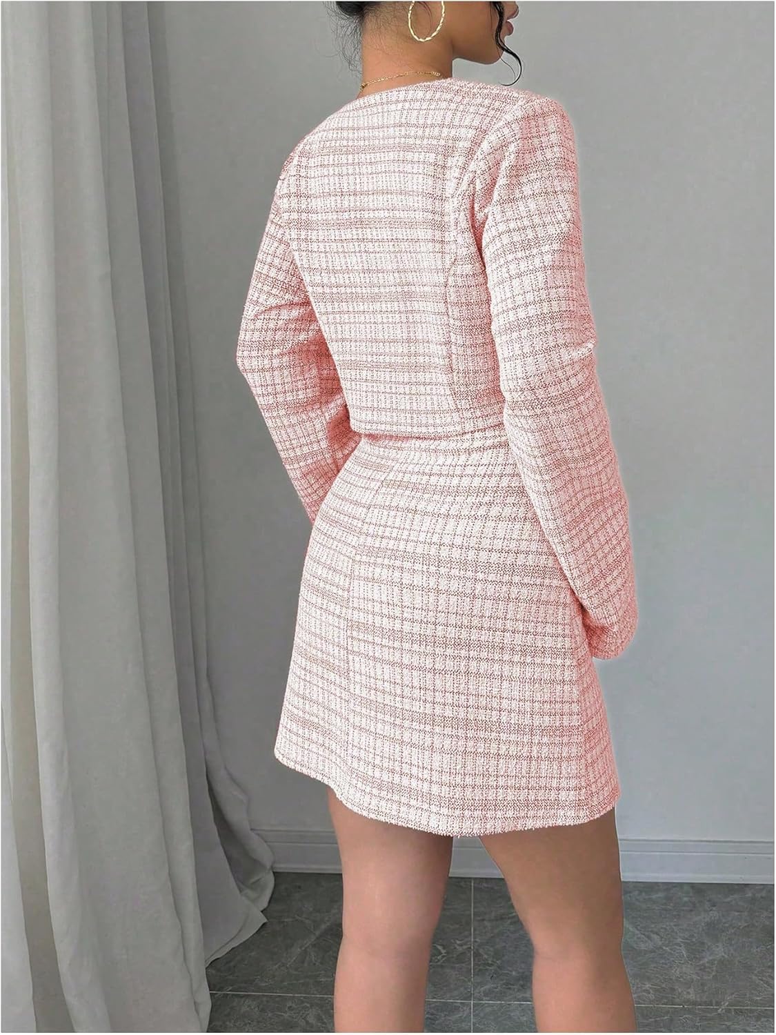 SOLY HUX Women's 2 Piece Outfits Plaid Long Sleeve Button Down Cropped Jacket and Sleeveless Mini Dress Sets Medium Pink Plaid