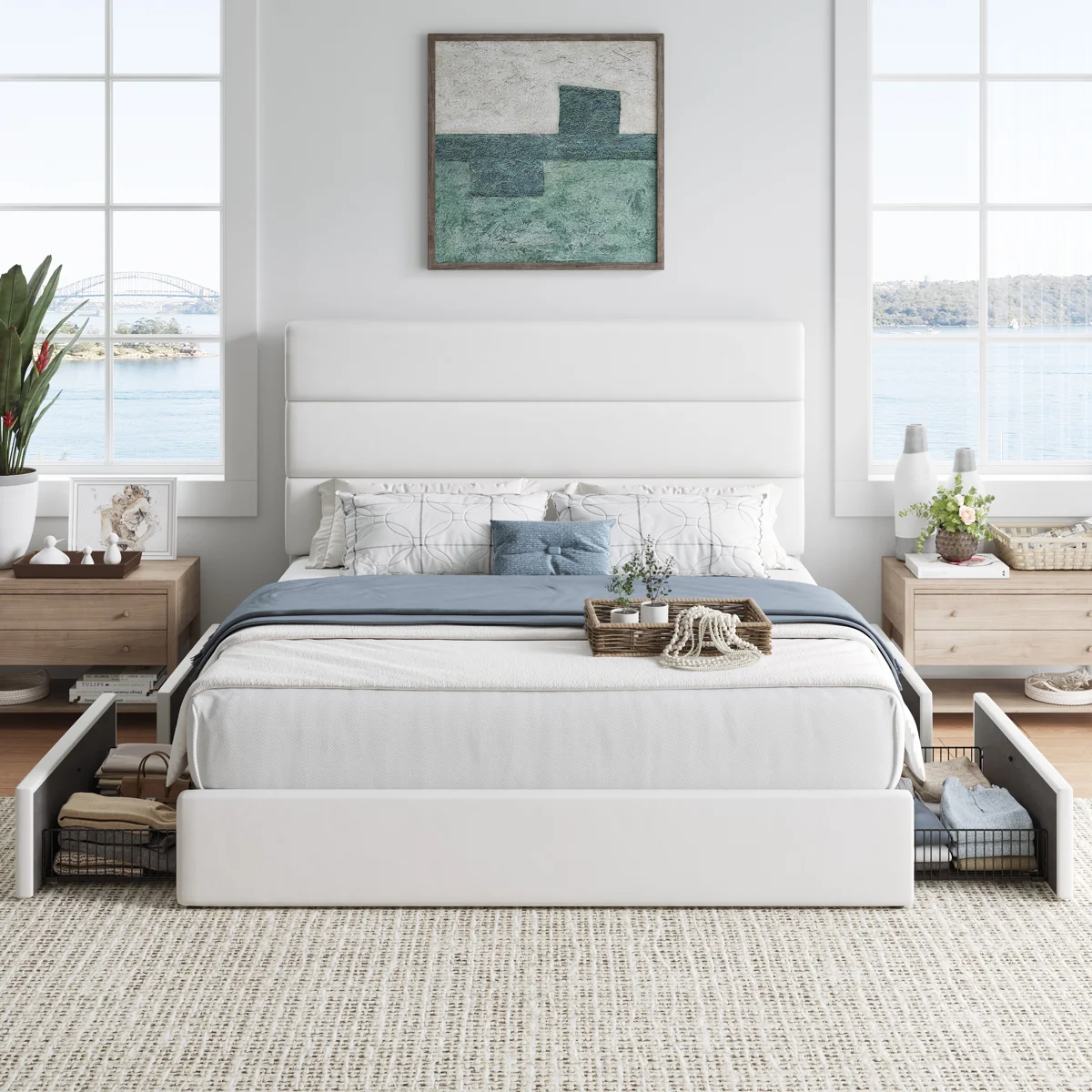 Storage Upholstered Platform Bed Frame, With 9 Drawers No Box Spring Needed