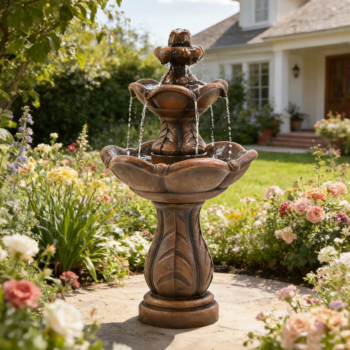 3-tier Cascading Outdoor Water Fountain, Bird Bath Waterfall Fountain, Freestanding Fountain With Pump For Garden Yard Patio Porch, 37”h