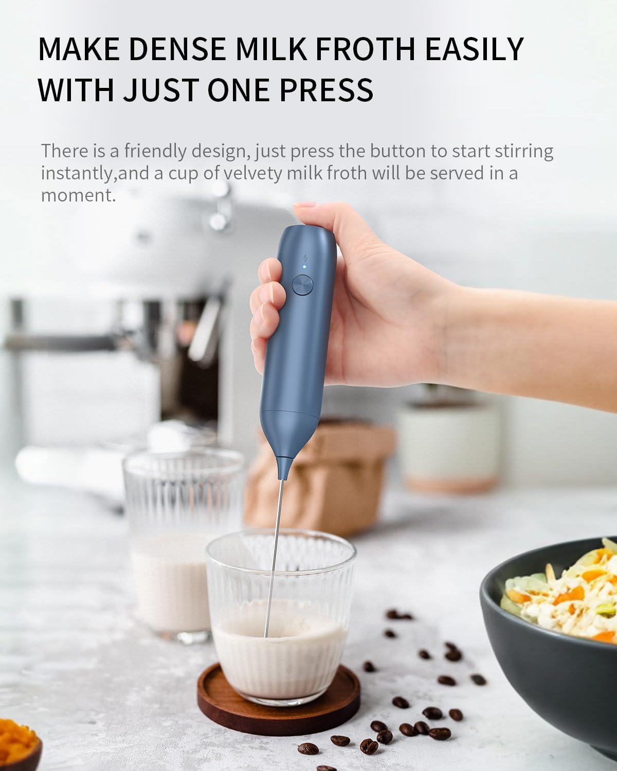 CIRCLE JOY Rechargeable Milk Frother Handheld with Stand, Coffee Frother Wand Drink Mixer with Dual Spring Whisk for Coffee, Cappuccino, Lattes, Frappe, Matcha and Hot Chocolate, Blue Rechargeable/Blue/With Stand