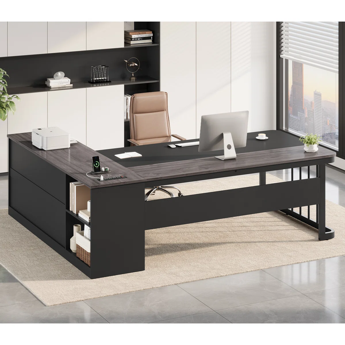 70.9" Executive Desk, L Shaped Desk With Power Outlets, Corner Computer Desk With 3 Storage Drawers For Home Office