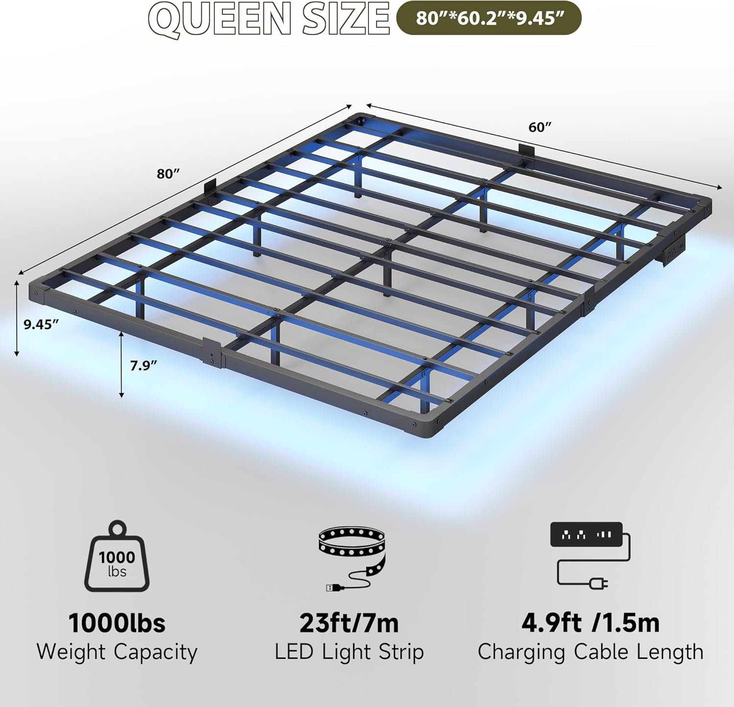 Queen Size Bed Frame, 9.45” High Clearance Floating Bed Frame with 4-Sided Smart LED Lights & Charging Station, Mattress Slide Stopper, Noise-Free, No Box Spring Needed, Easy Assembly | Floating Design, Smart LED Lights, Charging Station, Squeak Resistant