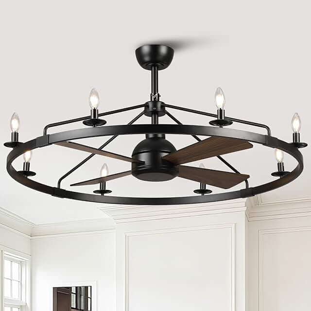 36 Rustic Farmhouse Wagon Wheel Chandelier Ceiling Fan 8-Lights Fan Light Quiet DC Motor 6 Speeds w/ Remote