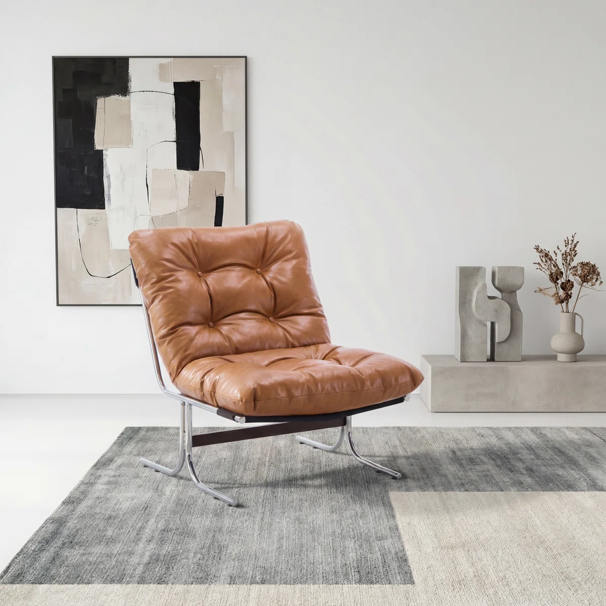 Mid-Century Modern Faux Leather Bauhaus Inspired Chrome Leg Lounge Chair