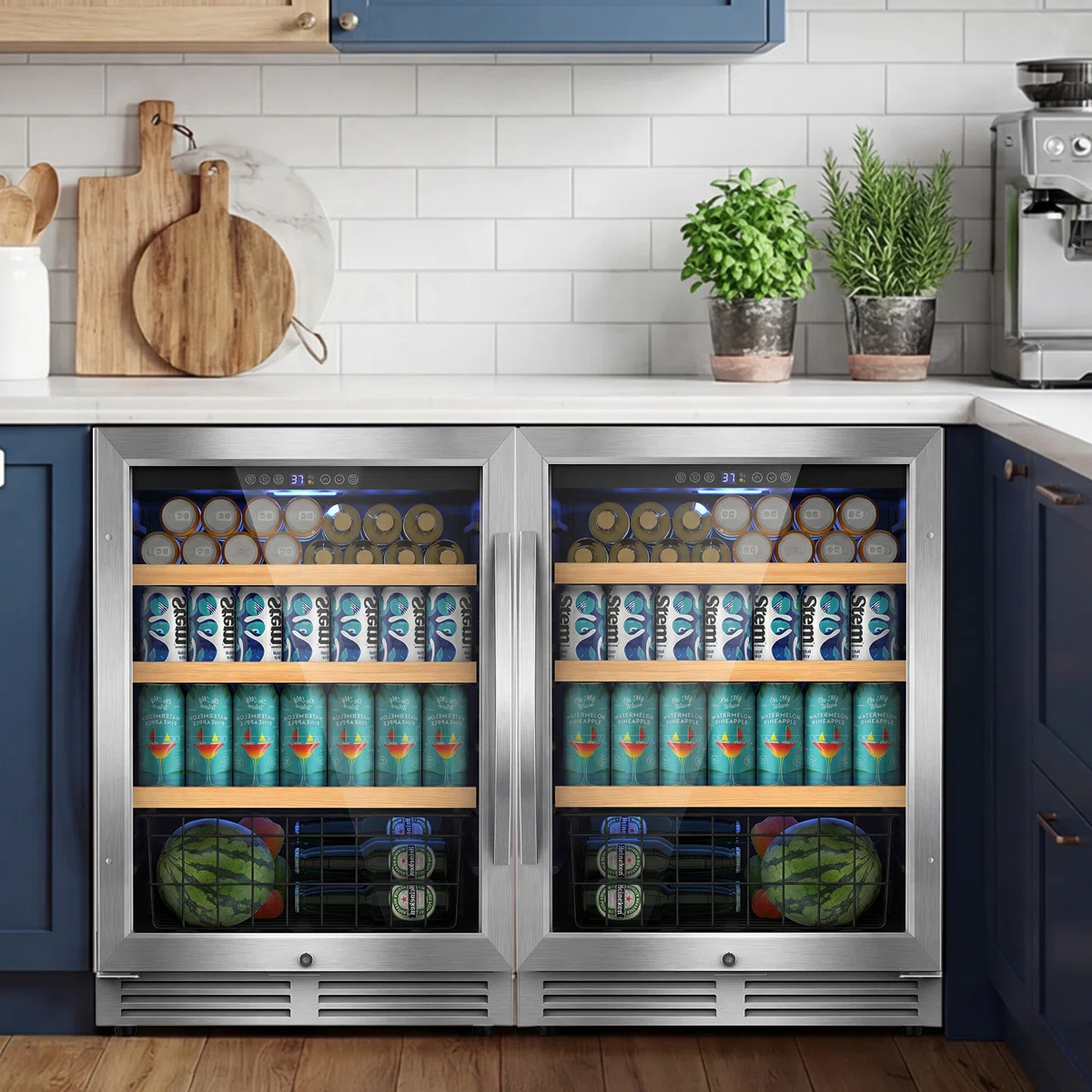 48" Beverage Refrigerator 440 Can Dual Zone Built-in Split Beer Cooler with Four Handles
