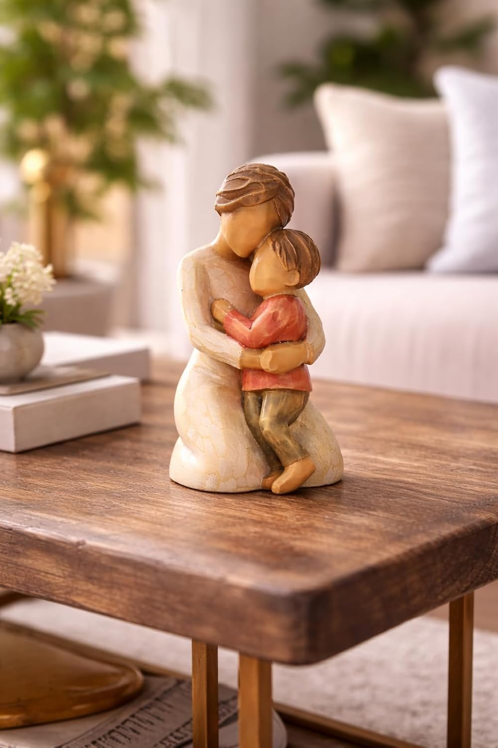 VEOJEIN Mother Boy Figurine, 4-inch Hand-Painted Resin Sculpture of Mother and Son Hug, Collectible Emotional Keepsake for Mom, Grandma, Birthday, Mother’s Day, Home Décor Accent