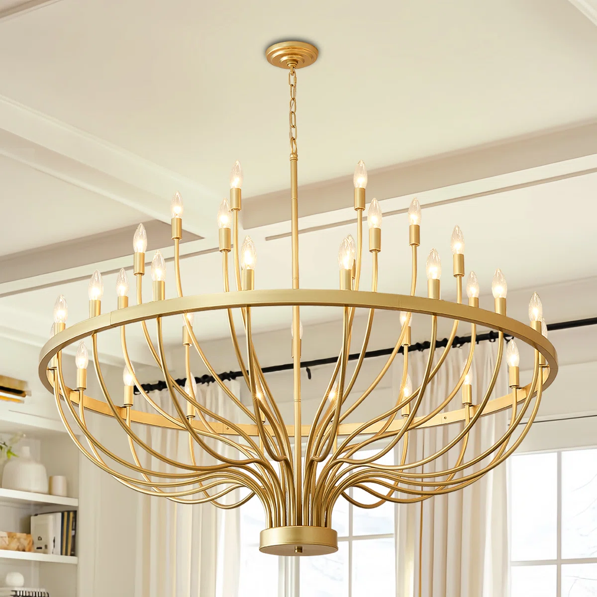 Gold Chandelier - Modern Farmhouse Large Ceiling Light Fixture With Adjustable Chain, 3-tier Wagon Wheel Chandeliers For Dining Room, Entryway, Living Room, Bedroom