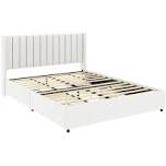 White upholstered bed with rolling storage underneath