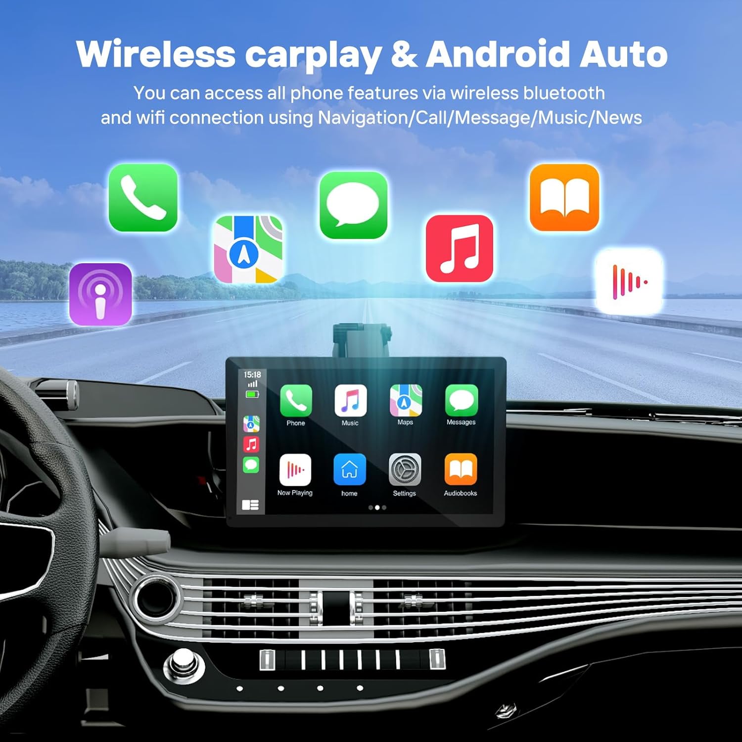 9 Wireless Apple Carplay Screen for Car with 4K Dash Cam, Portable Apple Carplay & Android Auto with 1080p Backup Camera DVR, Voice Control/GPS Navigation/Mirror Link/BT Black