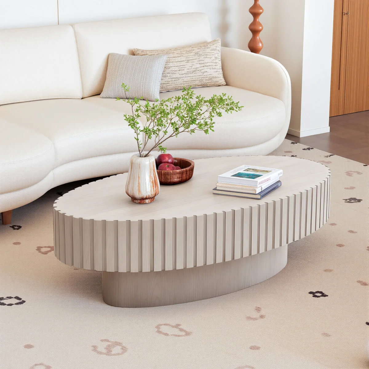 Modern Oval Wooden Olive-shaped Coffee Table With Solid Wood Fluted Design For Living Room