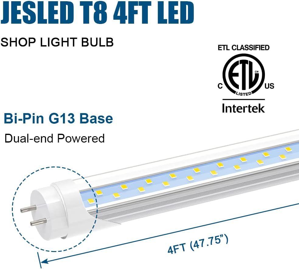 JESLED T8 4FT LED Type A+B Light Bulbs, 24W 3200LM 5000K, Plug and Play or Ballast Bypass, 4 Foot Flourescent Tube Replacement, ETL Listed, Single or Double End Powered, Warehouse Lights 4Pack 4 Count (Pack of 1) 5000k