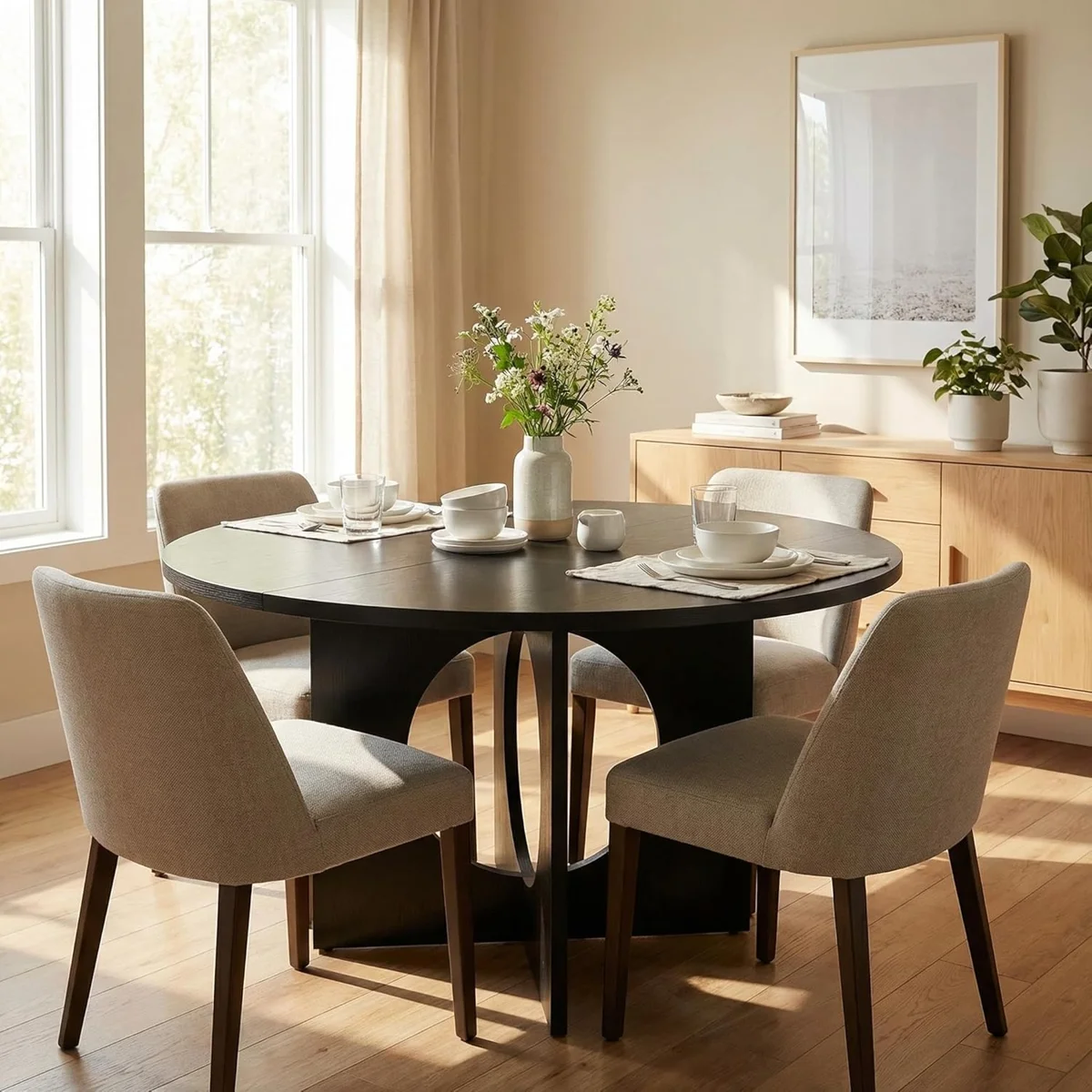 Round Dining Table for 4-6 People - 47" Kitchen Dinner Table with Sturdy Pedestal Base