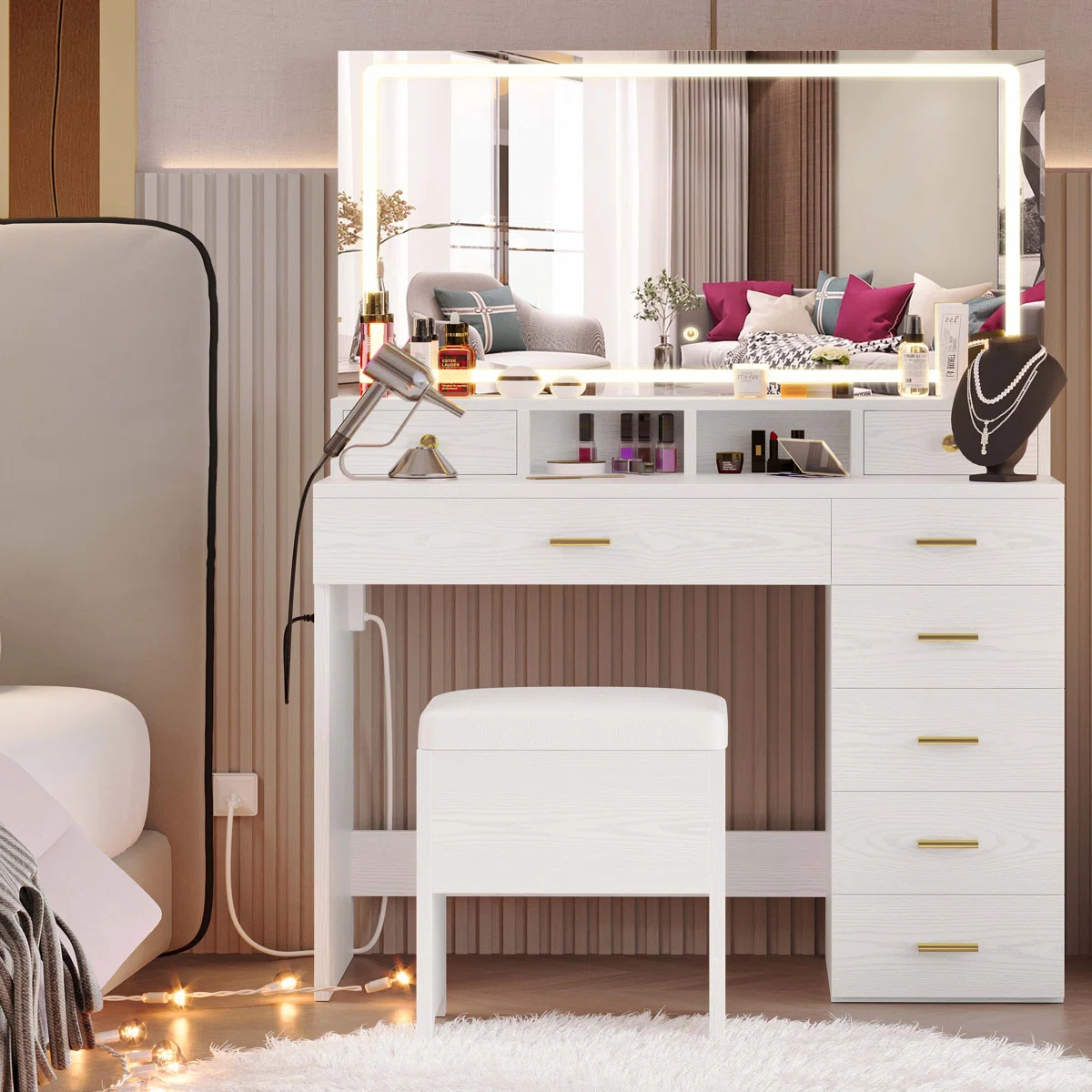 Modern Style 39.3"w 8 Drawers Vanity Desk With Led Mirror And Lights And Power Outlet