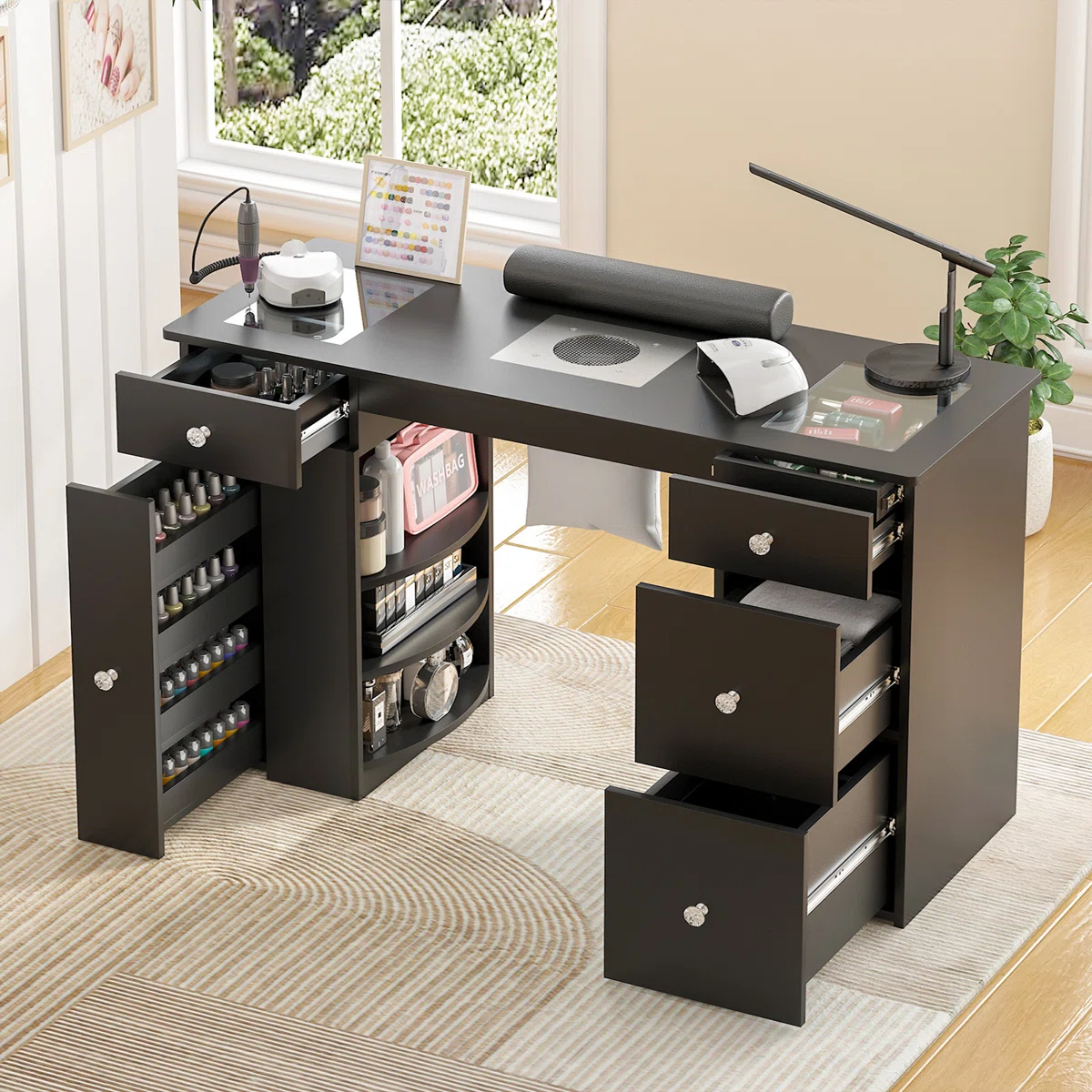 Incomplete (Box 2 Only) Gadson Manicure Table Nail Tech Desk with Dust Collector and Wrist Cushion, and Tempered Glass Display, Spacious Storage