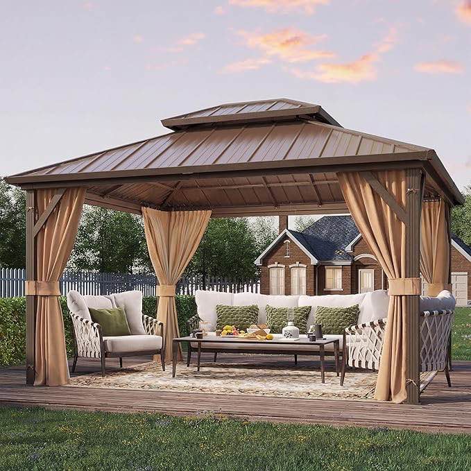 10' x 12' Hardtop Gazebo, Metal Gazebo with Aluminum Frame, Double Galvanized Steel Roof, Curtains and Netting Included, Pergolas for Patios, Garden, Parties, Lawns