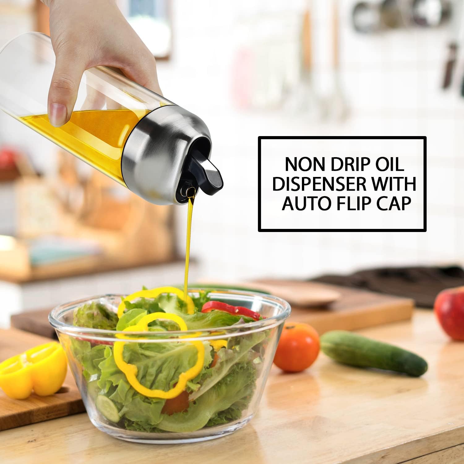 Aelga Olive Oil Dispenser - 14 OZ Glass Oil and Vinegar Dispenser Bottles Set for Kitchen No Drip-Set of 2 Silver 14OZ Set of 2